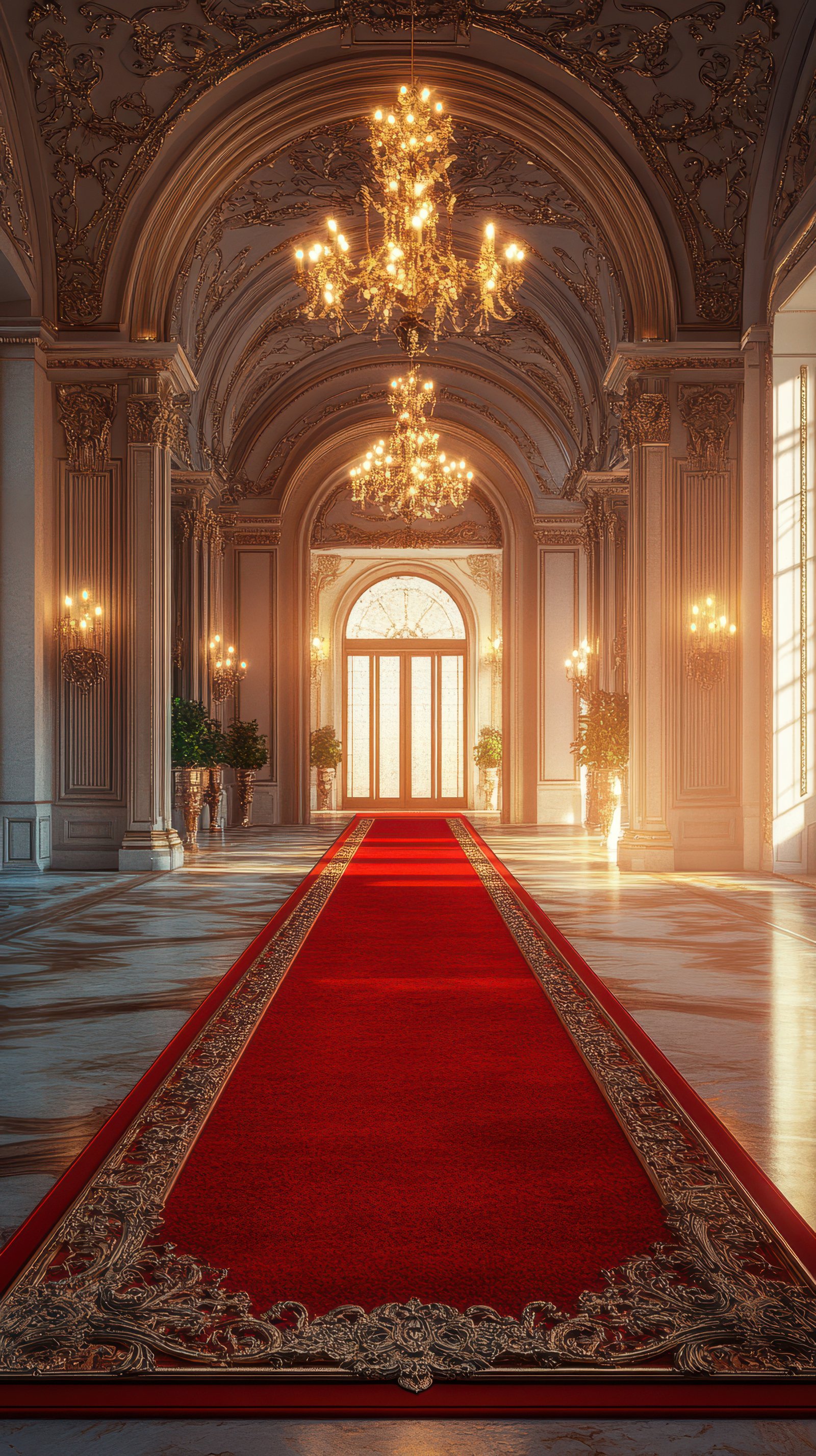 Elegant hallway featuring ornate chandeliers and luxurious red carpet in a historic palace during the golden hour light